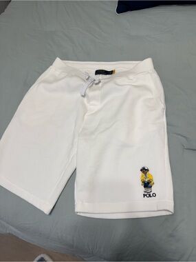 Polo by Ralph Lauren White Drawstring Sweat Shorts with Navy Logo Tag